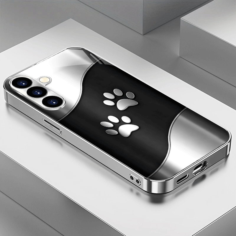 TEMU Phone Case: Black And Silvery Cute Paw Print Curved Pattern Silvery Electroplated Glass Phone Case, Suitable For Galaxy