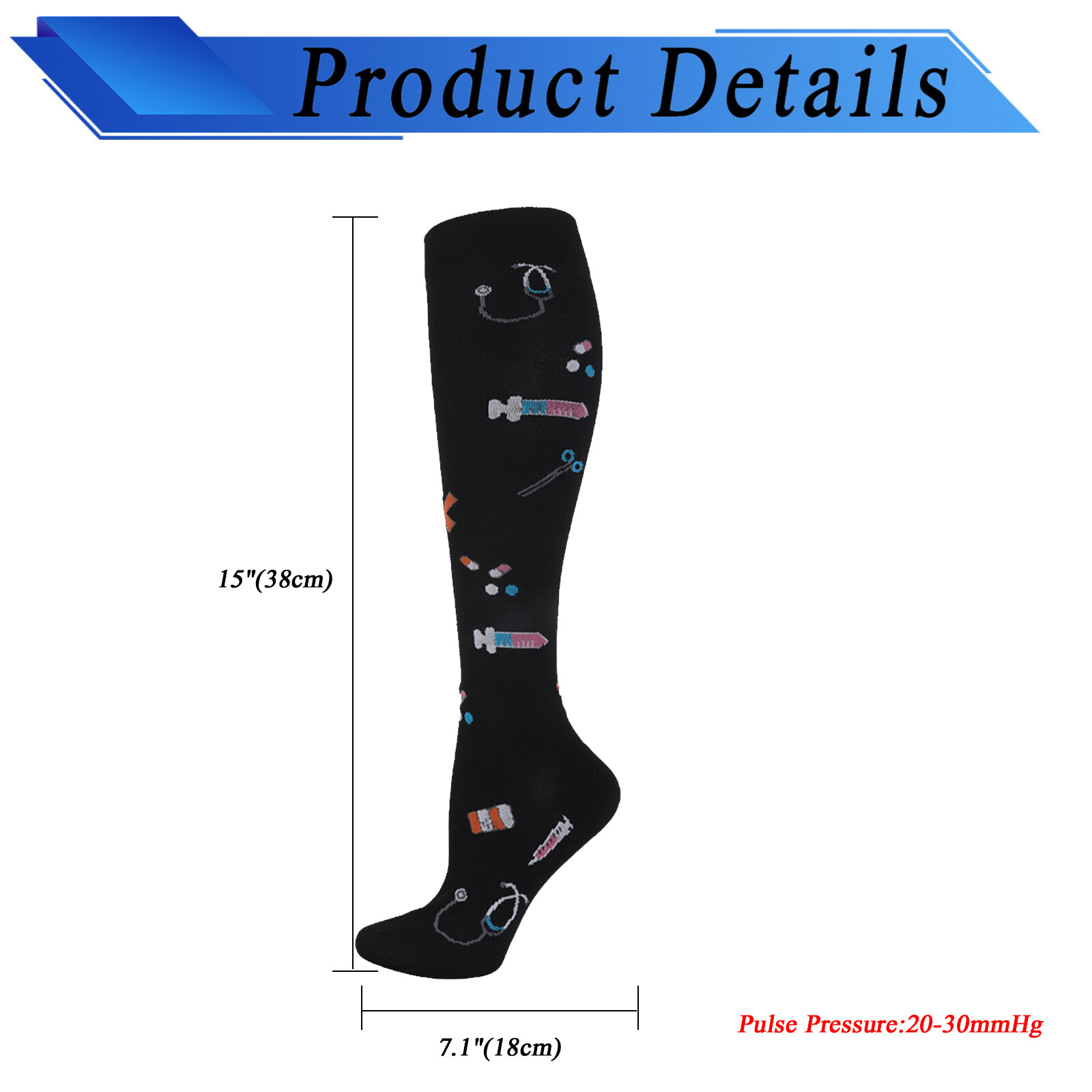 Image of 5 Pairs Compression Socks For Nurse Women's 20-30 Mmhg Running Knee High Stockings With Heart Pattern, Fits Most - For, Teachers, Waitresses, Standing Workers, Sports & Yoga
