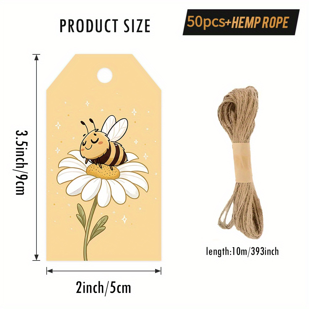 TEMU Etichette regalo 50 pz con api e e spago di iuta - Etichette a tema primaverile adatte per baby shower, matrimoni, compleanni, - Etichette di