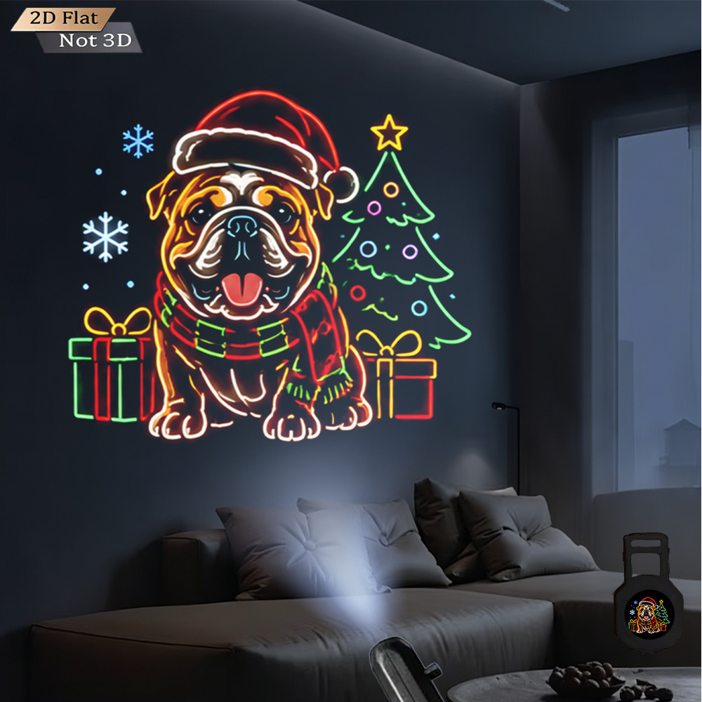 TEMU Usb Powered Projector Light Christmas Bulldog With Santa Hat And Scarf Led Projection Lamp Ambient Night Light Decor For Home Bedroom Christmas