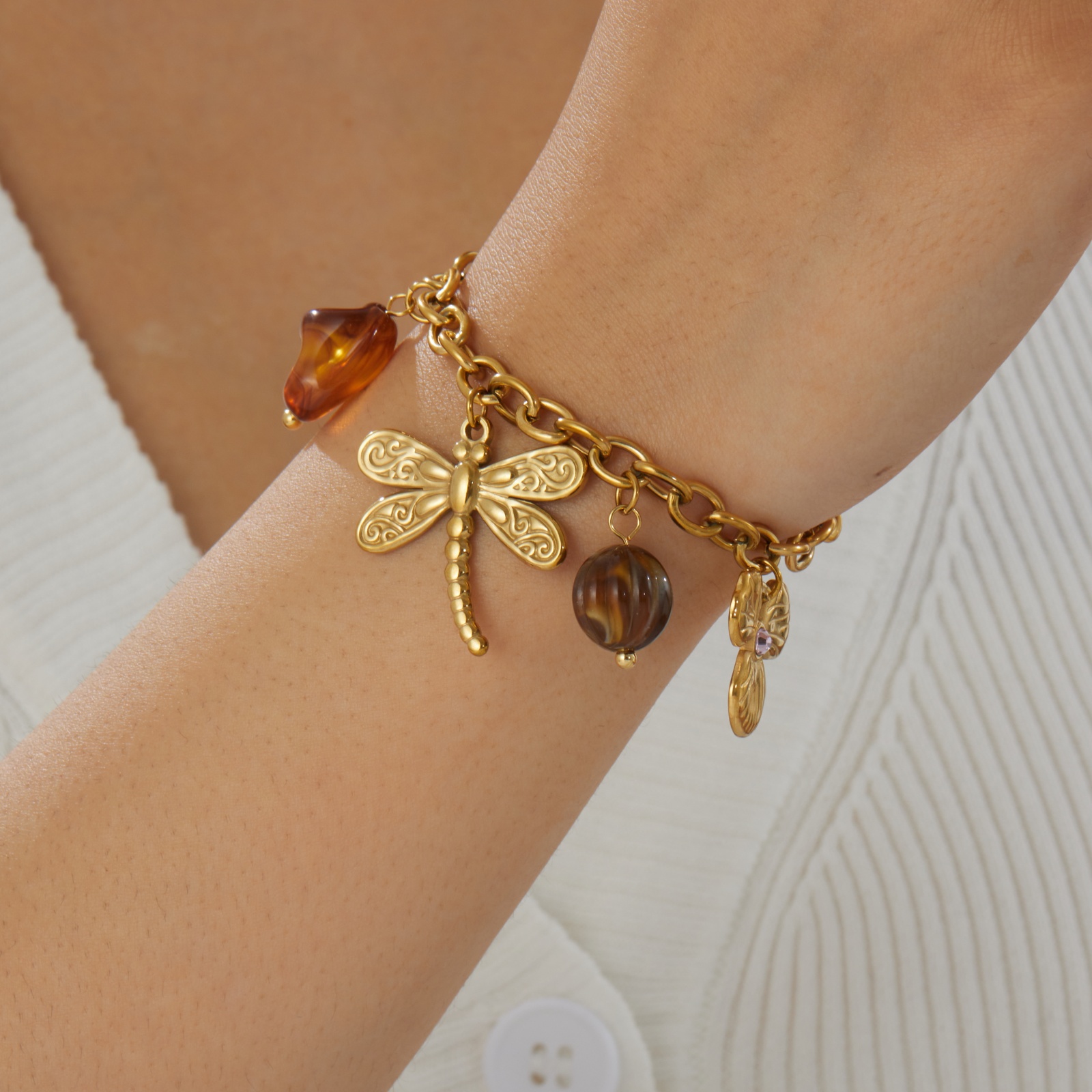 Women's Dragonfly & Flower Pendant Golden Bracelet, Elegant Gift