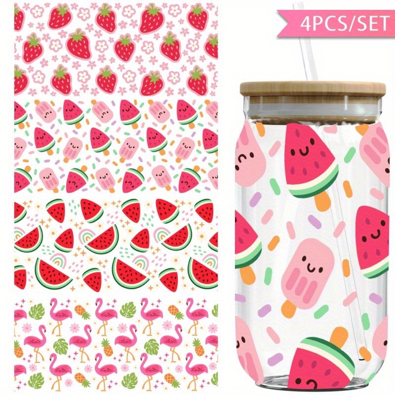 TEMU Lot de 4 papiers décoratifs transfert UV DTF rose à motif fraise, pastèque et rose - Imperméable et résistant aux rayures, convient pour tasses,