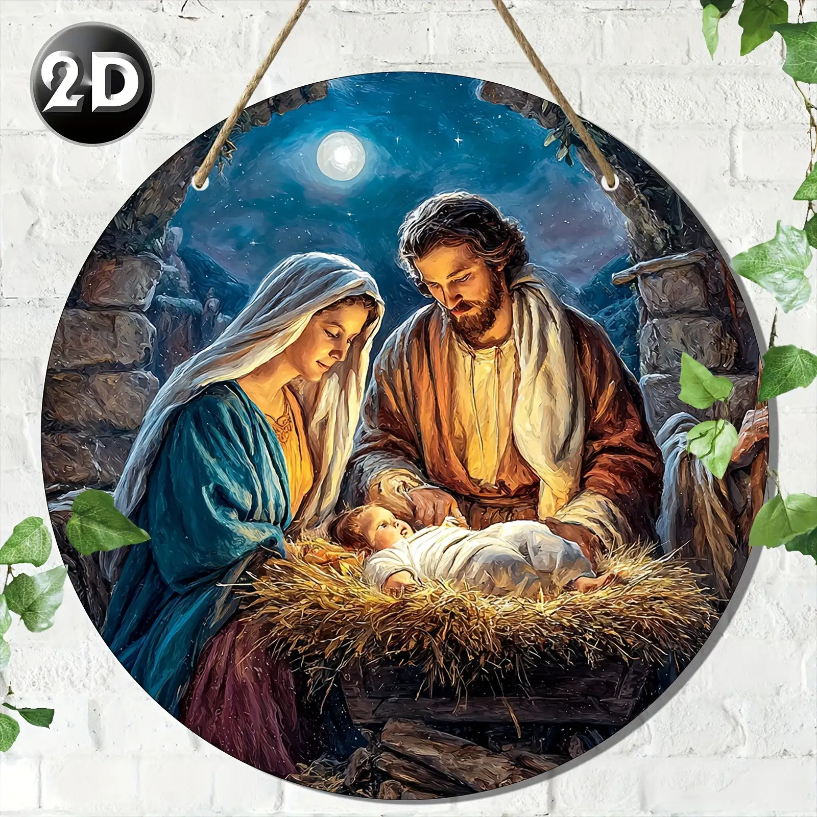 TEMU 2d Flat, 1pc Vintage Christmas Scene Round Wood Sign- Artificial Wood Wall Hanging Decoration Featuring Mary, Joseph, And A , Perfect For Home,