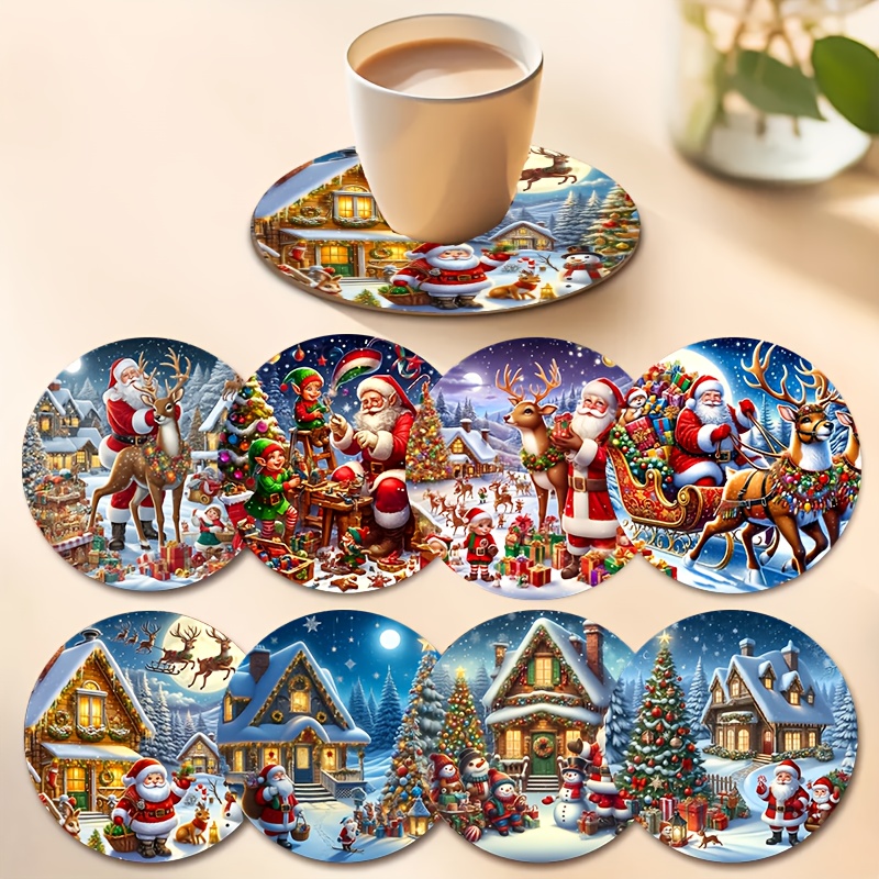 Image of 8pcs Christmas-themed Wooden Mat Set- Durable Heat Insulation Mats, Anti-scalding Table Protectors, Non-slip Placemats- Suitable For Home, Office, Parties, And Festive Decorations. For On Christmas!