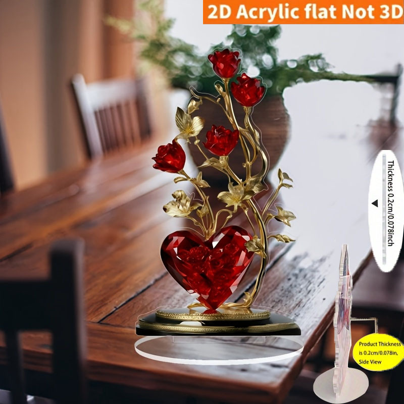 TEMU 2d Flat 1pc Bohemian Style Acrylic Table Decor - Romantic Red Rose And With Golden Accents, Mother's Day Gift, Home, Garden, Or Desktop