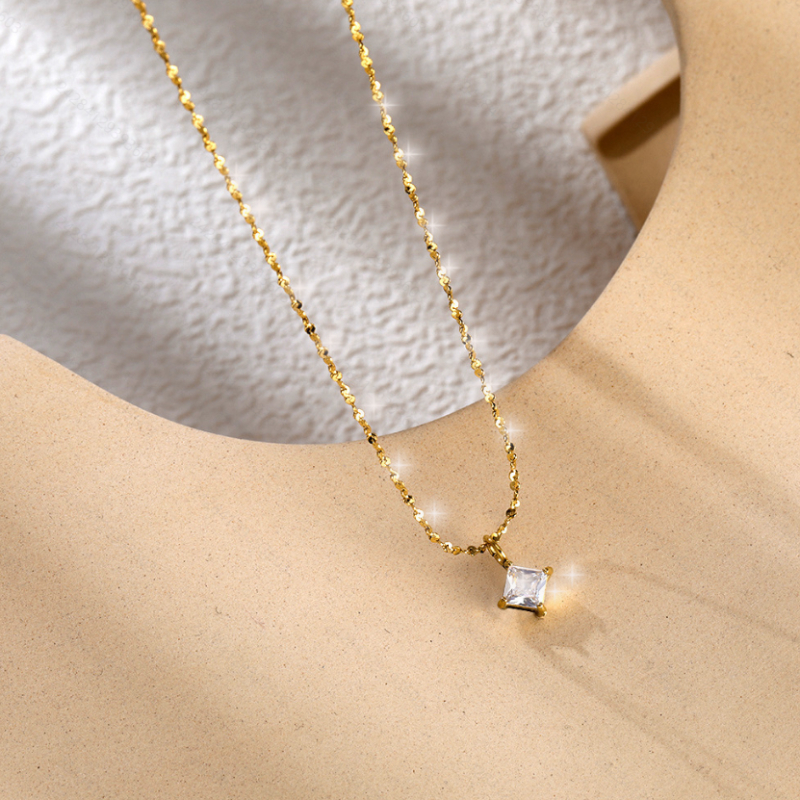 TEMU A Easy And Luxurious Square Inlaid Zirconia Pendant | 2025 New Model - Stainless Steel Material, Waterproof And Sweatproof | Suitable For Daily