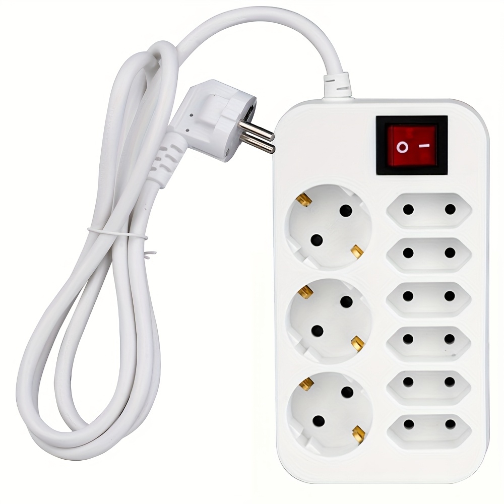 White Eu Strip Single Multi Pack 9 In 1 Power Socket 6 Ac Sockets 3 Round Ac Sockets 1.5m Cable 250v 16a Suitable For Office