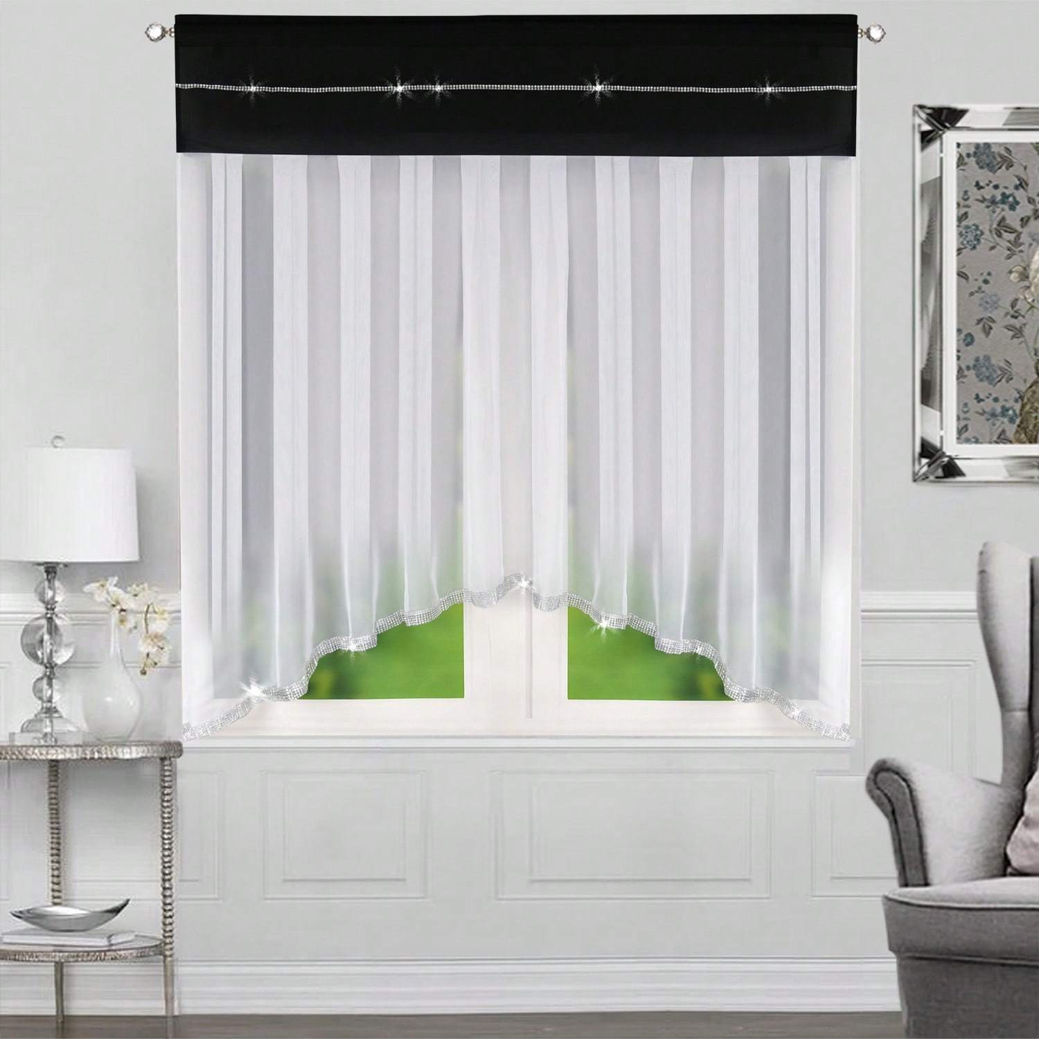 Image of 1pc Of Shiny Crystal Decoration Color Block Curtain, Made Of Polyester Fiber Transparent Fabric, Luxurious And , Semi-transparent , Size: 140*160cm
