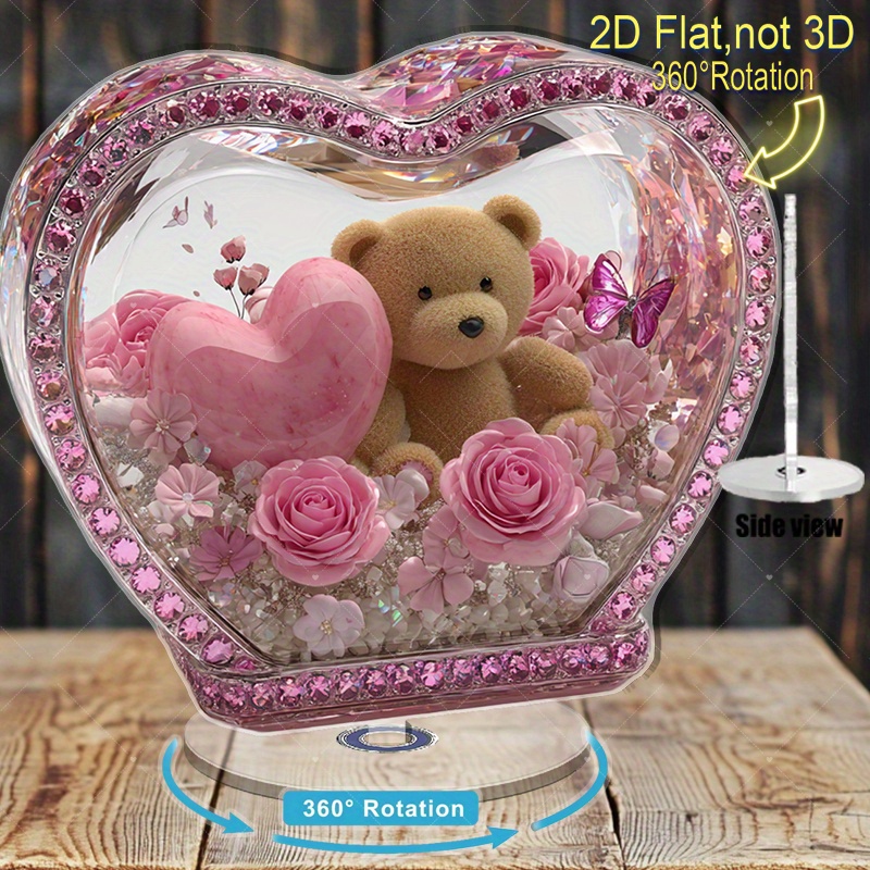 TEMU 2d Flat - 1pc Heart-shaped 2d Flat Acrylic Ornament With 360° Rotatable Base | Pink Rose And Teddy Bear Centerpiece, With Dome Lid, 's Day,