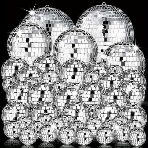 54 kulki disco, wiszące dekoracje kulki disco, mini srebrne ozdoby kulki disco, dekoracje kul lustrzanych na imprezę w disco z lat 70., wesela i boże narodzenie