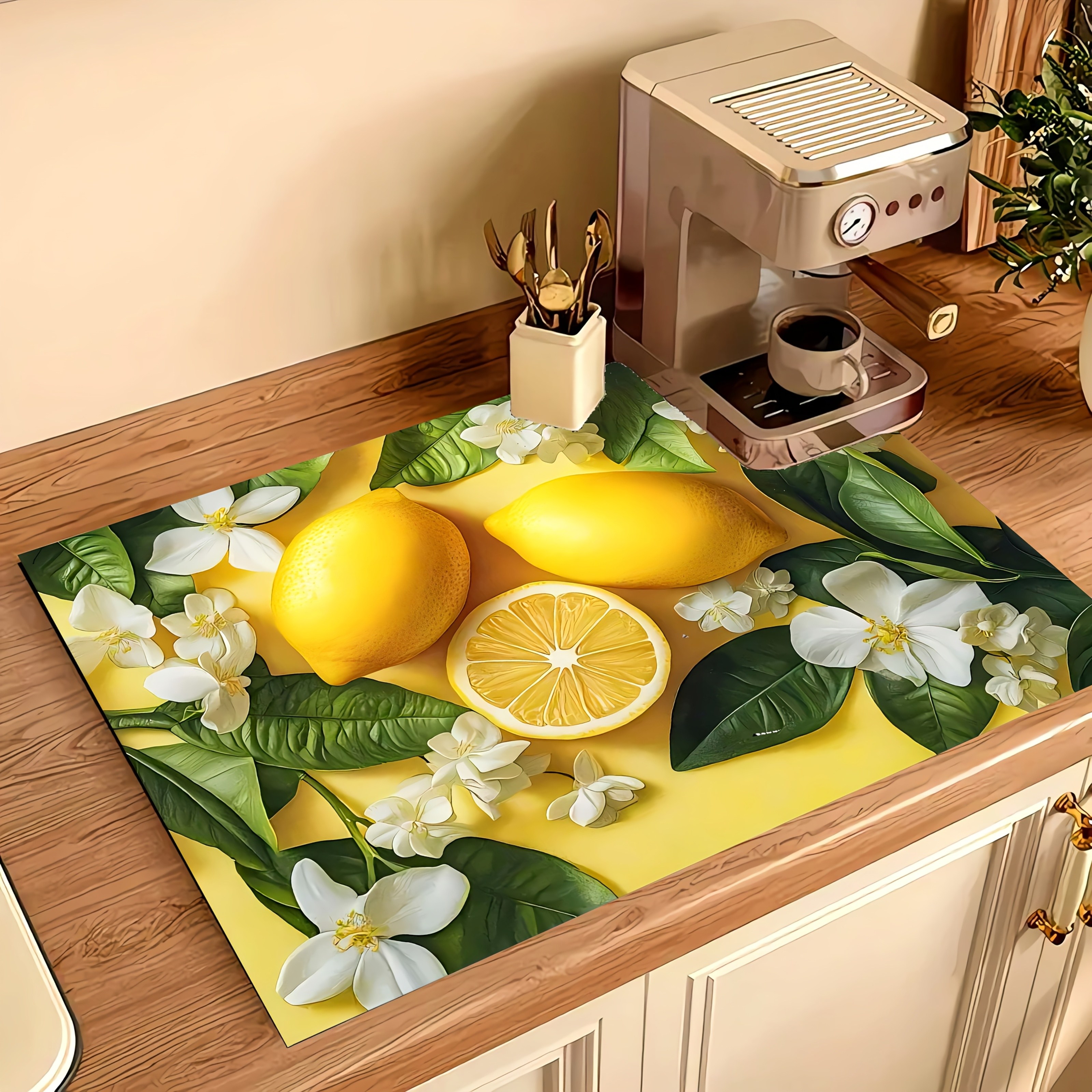 TEMU 1pc Fruit Lemon Printed Absorbent Mat, Suitable For Spring Summer, Anti-slip And Water-absorbing, For Kitchen Drainage Mat, Desktop Protector,