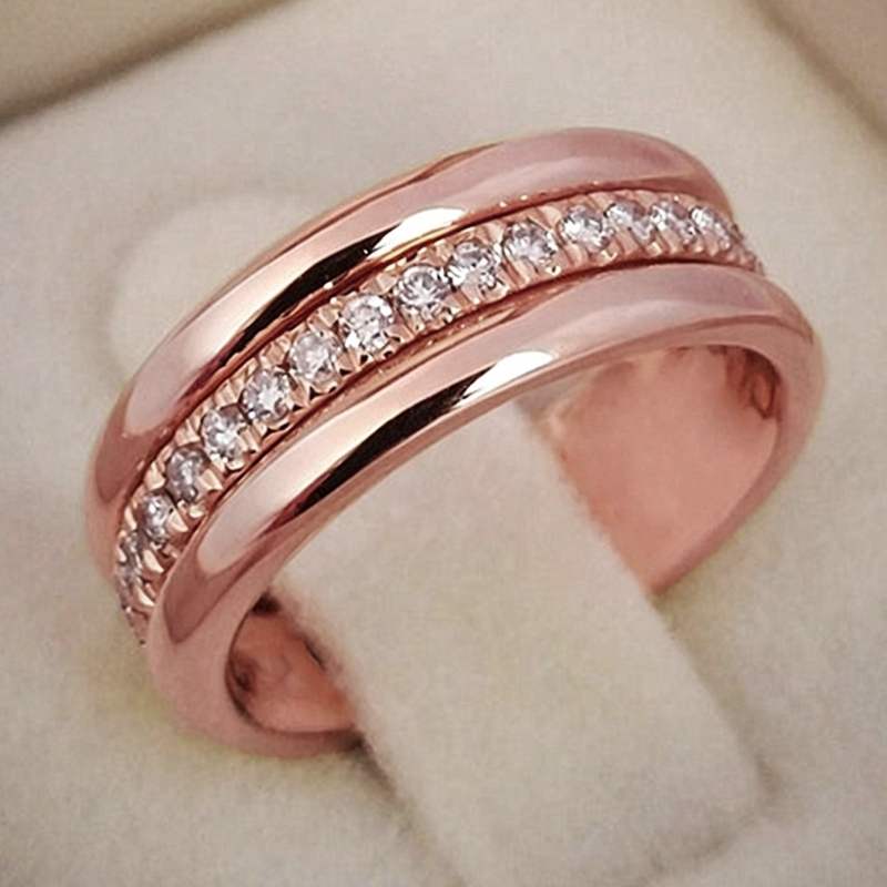 TEMU Stylish Rose Golden Wide Band Rings Exquisite Synthetic Zirconia Rings For Women Men Daily Party Simple Jewelry Gift