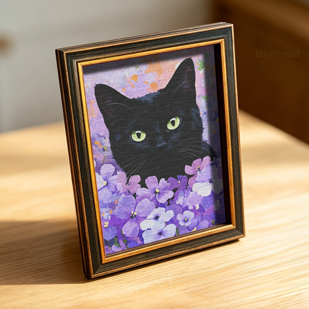 TEMU Duflinud Black Cat Fridge Magnet Suitable For Your Kitchen - Miniature Wood Decoration With Cat & Purple Flowers, Artificial Wood Backing For