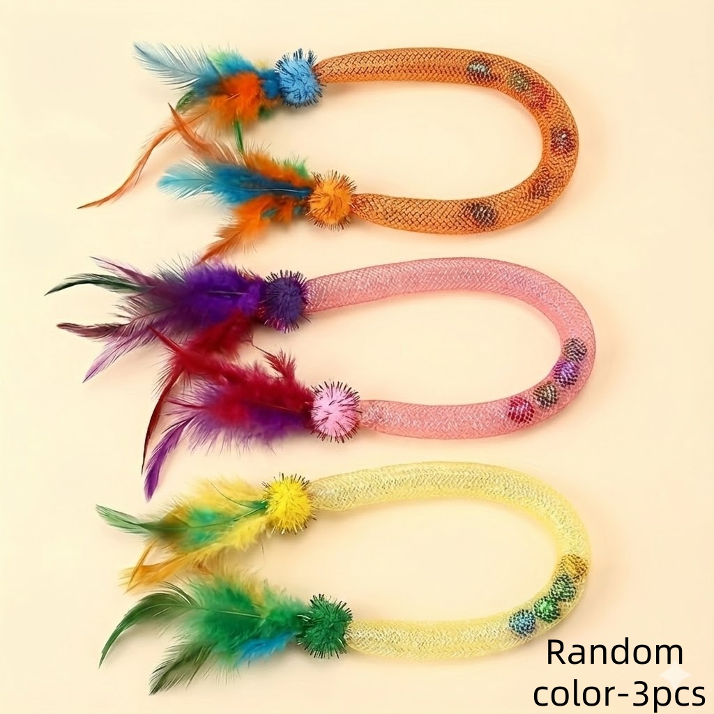 3pcs Self-entertainment Feather Teaser Wand Elastic Rope Interactive Design Durable Chewable Kitten Teething Toy Suitable For All Cat Breeds Indoor Toy, Random Color, Without Battery