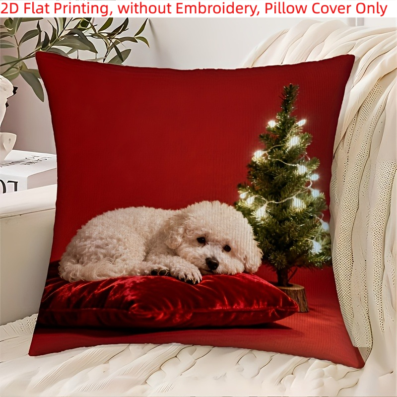 TEMU 1pc, 2d Flat Printing, Cute Bichon Frise Christmas Pillow Cover, Single-sided Printing, Without Embroidery, Pillow Inserts Not Included
