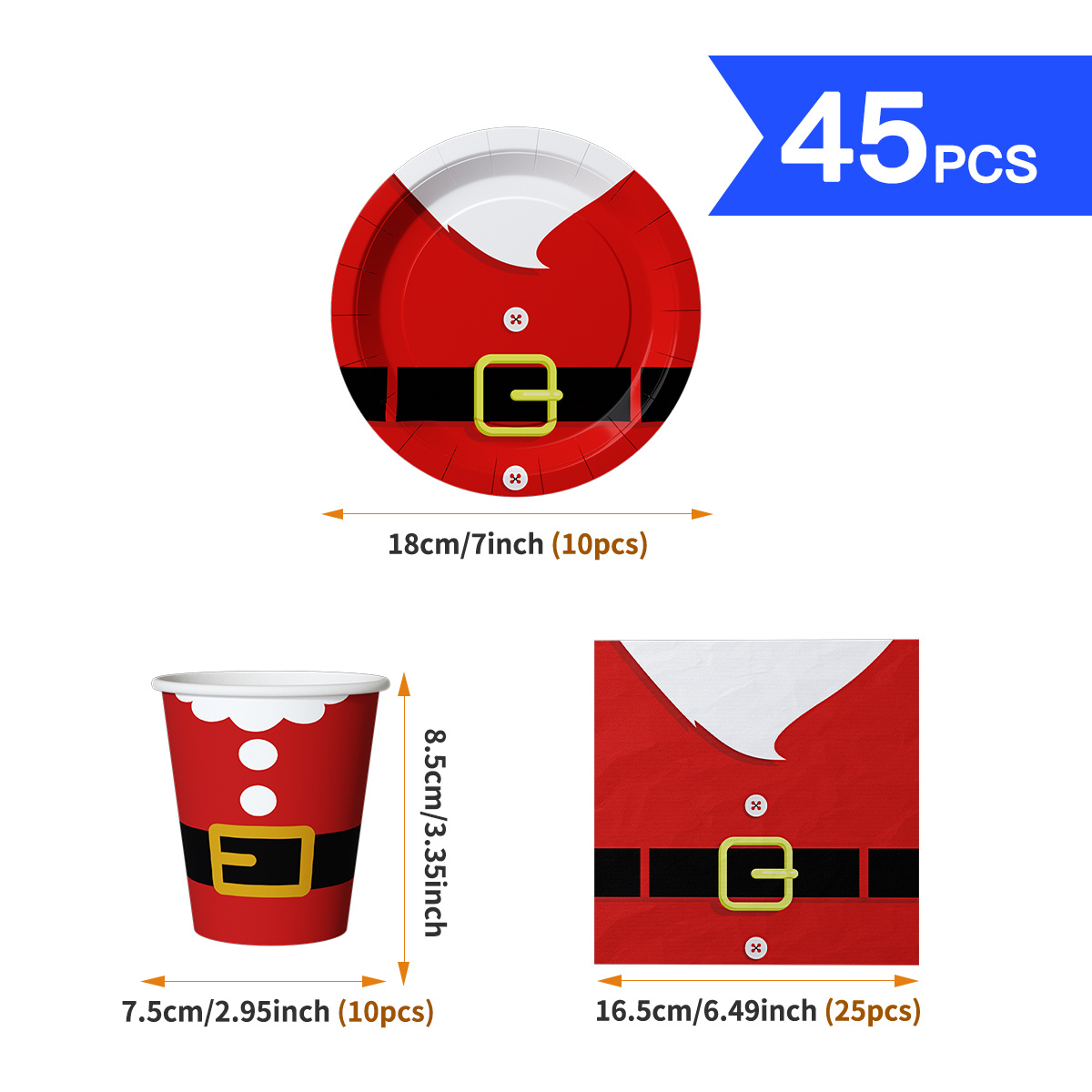 TEMU 45pcs Merry Christmas Holiday Tableware Set, Creative Santa Claus Costume Belt Button Holiday Themed Print, 10pcs 7-inch Dinner Plates + 10pcs