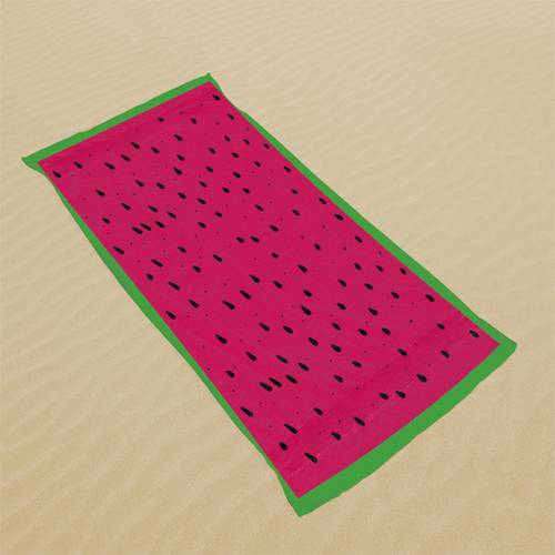 a large thick beach towel featuring a background with patterns and green edges designed with a summer watermelon theme its and vibrant patterns perfect for use at the pool or beach