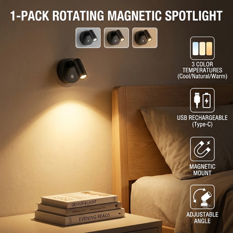 TEMU Magnetic Induction Led Wall Light, Picture Art Spotlight, Three-color Adjustable Light, Usb Rechargeable With No Wiring, Staircase Bedroom Study