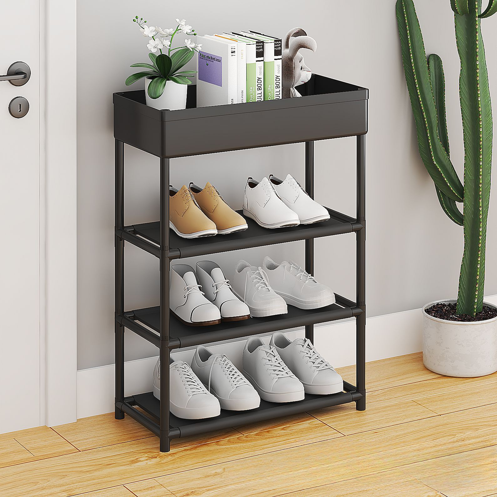 space saving shoe rack organizer   plastic floor standing for entryway closet bedroom storage details 3