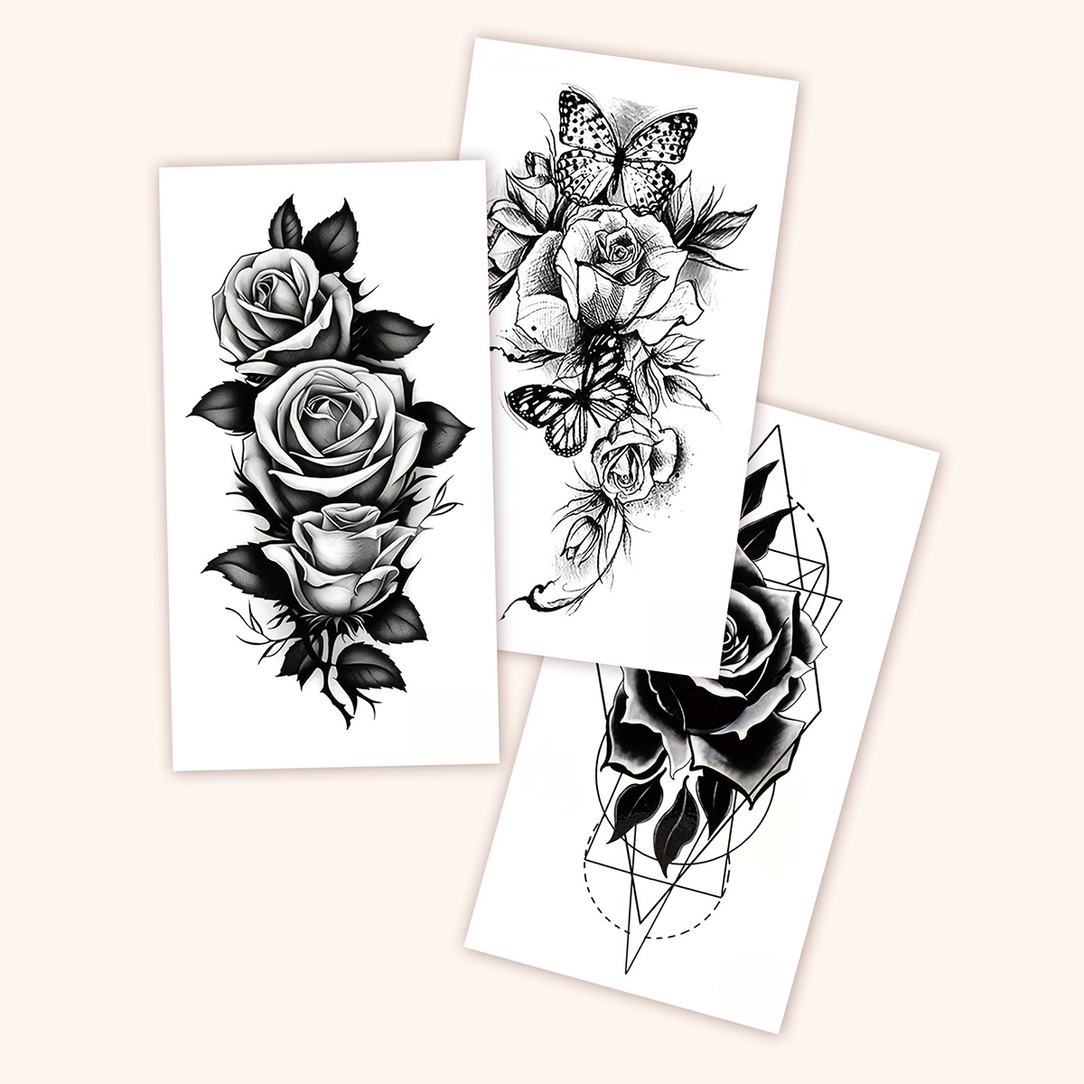 3 Temporary Tattoo Stickers - Waterproof Body Art Featuring A Black Rose And Thorn , Suitable For , Chest, And Back | Large Rectangular Realistic Rose Pattern, Perfect For Parties And Festivals