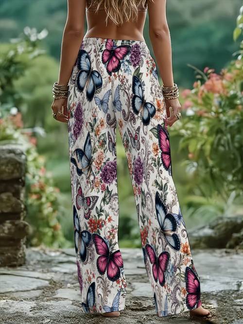 pantaloni da donna taglia larga, base blu rosa e di fiori viola stampati , pantaloni larghi stile con elastico in vita