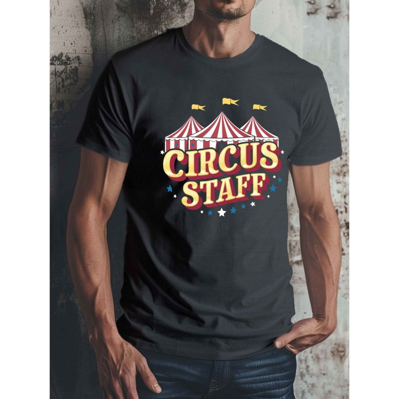 

T-shirt vintage imprimé Cirque pour homme, T-shirt décontracté à col rond et manches courtes, 100 % polyester tricoté, légèrement extensible, coupe standard, haut d'été - 150 g/m²