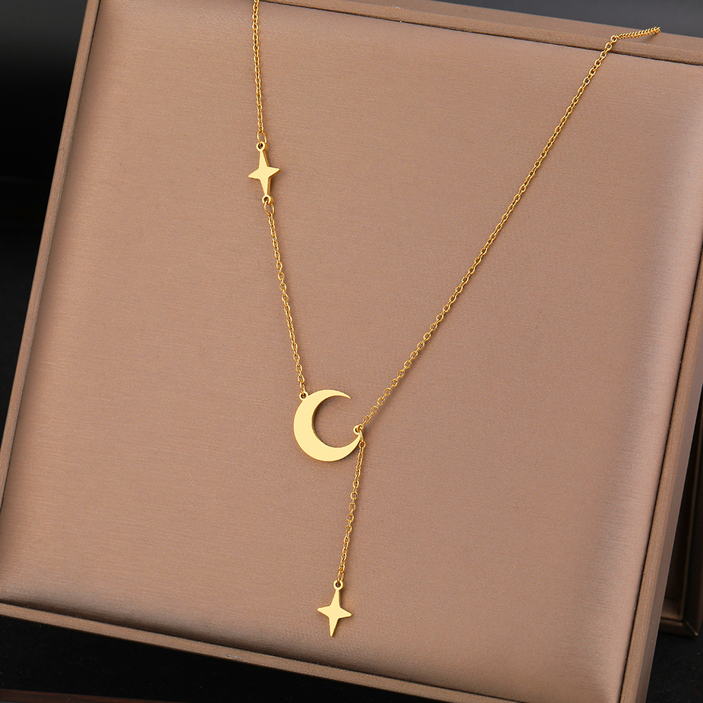 Image of And Moon Tassel Minimalist Stainless Steel Necklace, Star And Moon Design Clavicle Chain Additions, Versatile Everyday Valentine's Day Necklace