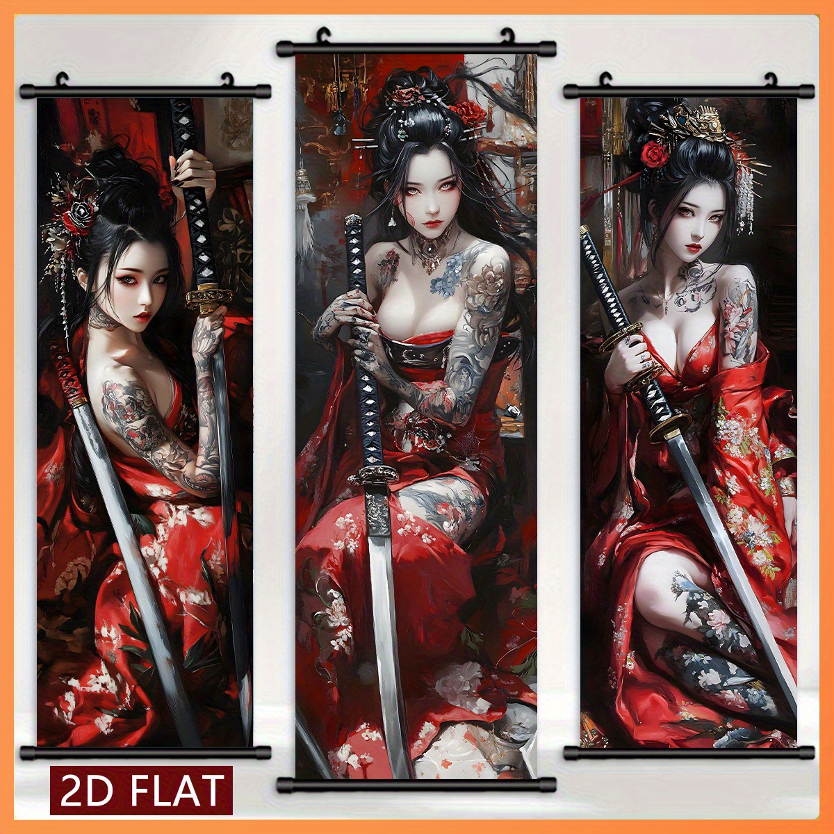 3pcs set of women with swords theme plastic scrolls hanging scroll paintings   decorative paintings red robe tattoo sword headpiece elements splatter paint background design suitable for tea room study living room wall vintage elegant   style gift  