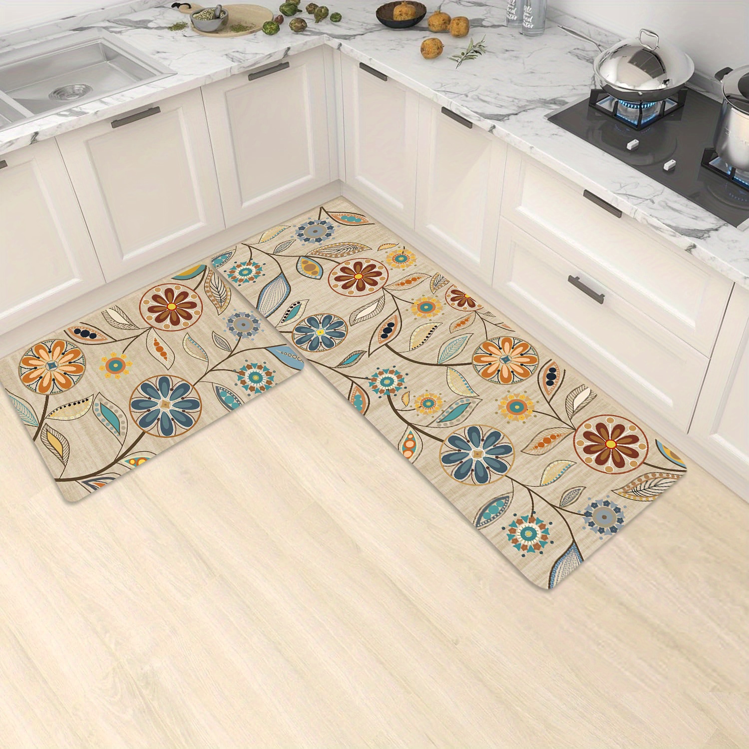 TEMU 2pcs Yellow Bohemian Traditional Flowers Mat Set, Non-slip And Washable Decorative Floor Mat, Suitable For Kitchen, Living Room, Entrance.