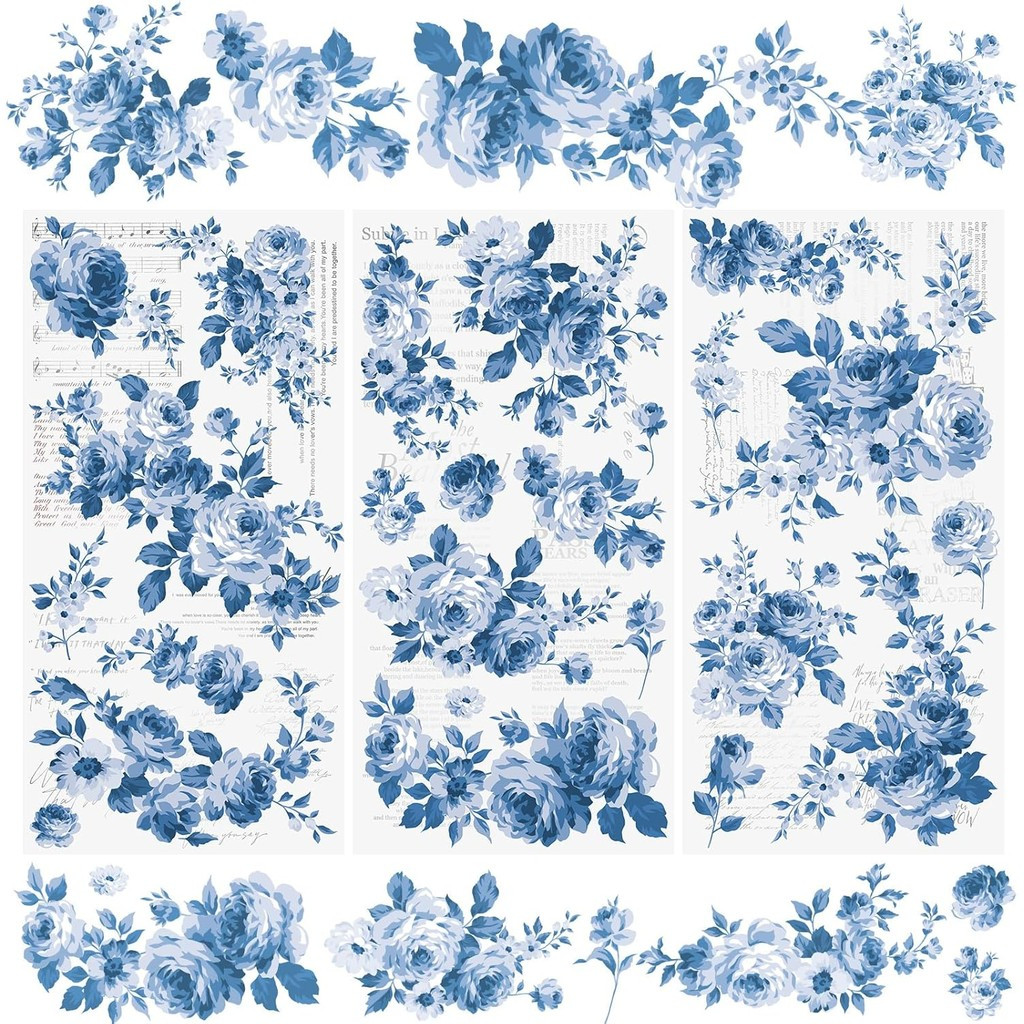 Image of 3pcs Rub On Transfer Stickers, Blue Flowers Decals Stickers Furniture Transfers Stickers For Scrapbooking Craft Supplies & Stickers