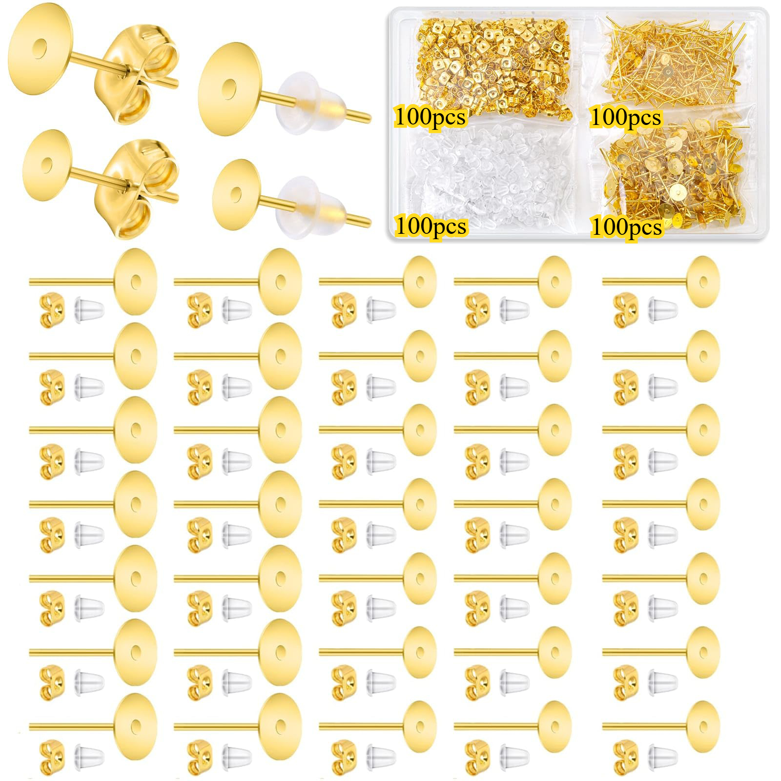 TEMU 400pcs Hypoallergenic Earring Posts Kit - 4mm/6mm Earring Posts With & Rubber Earring Backs For Diy Earring Making, Includes 1pc Storage Box -