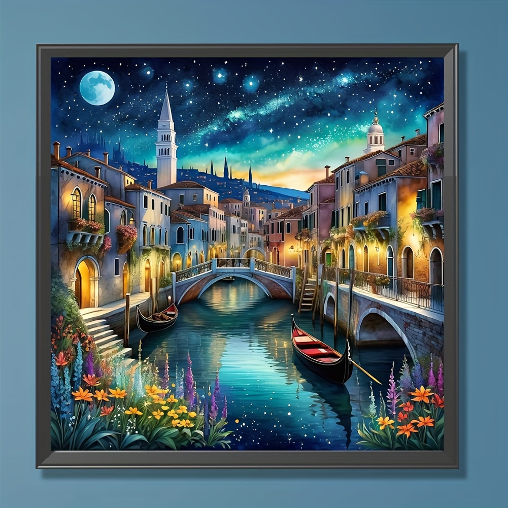 

Night View 5d Diamond Painting Kit- Round Diamond Embroidery, Acrylic Landscape Crafts For Wall Decoration, Diy Stitch Picture , Gondola And Flower Decoration