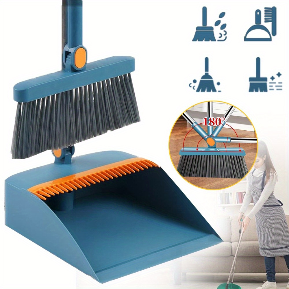 Vertical Broom Set With A Long Handle, Featuring A Rotatable And Adjustable Broom And Dustpan With Comb Teeth, Designed For Household Cleaning And Sweeping.