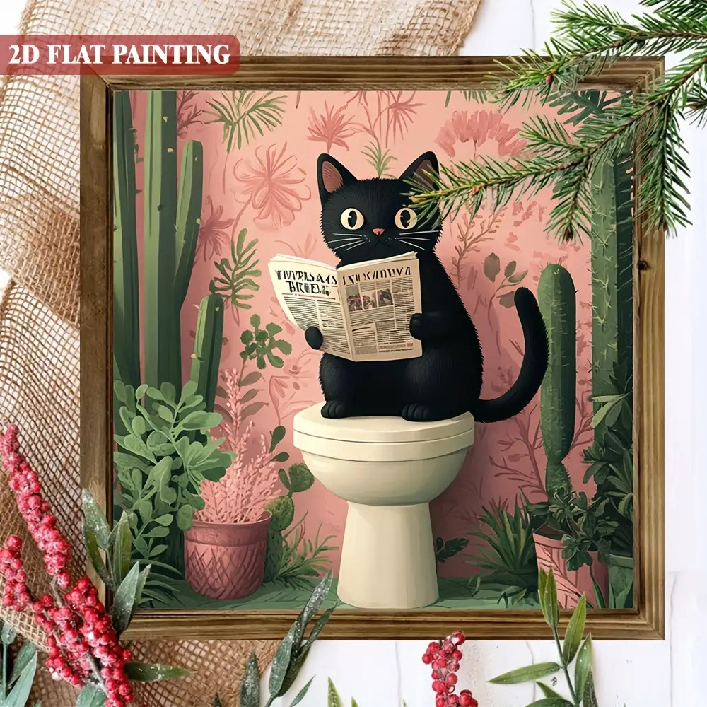 E-shop 2D Flach, . Böhmische Schwarze Katze Lesen Zeitung Holzschild, 8X8 Zoll - Rosa Hintergrund und Tropischer Kaktus Design Holzplank, Wandbehang