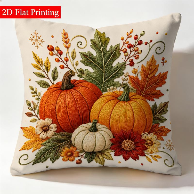 TEMU 1pc 2d Flat Printing Double-sided Throw Pillow Cover, Non-3d/non-real Embroidery, No Pillow Insert, Autumn Pumpkin And Floral Pattern, 17.71 X
