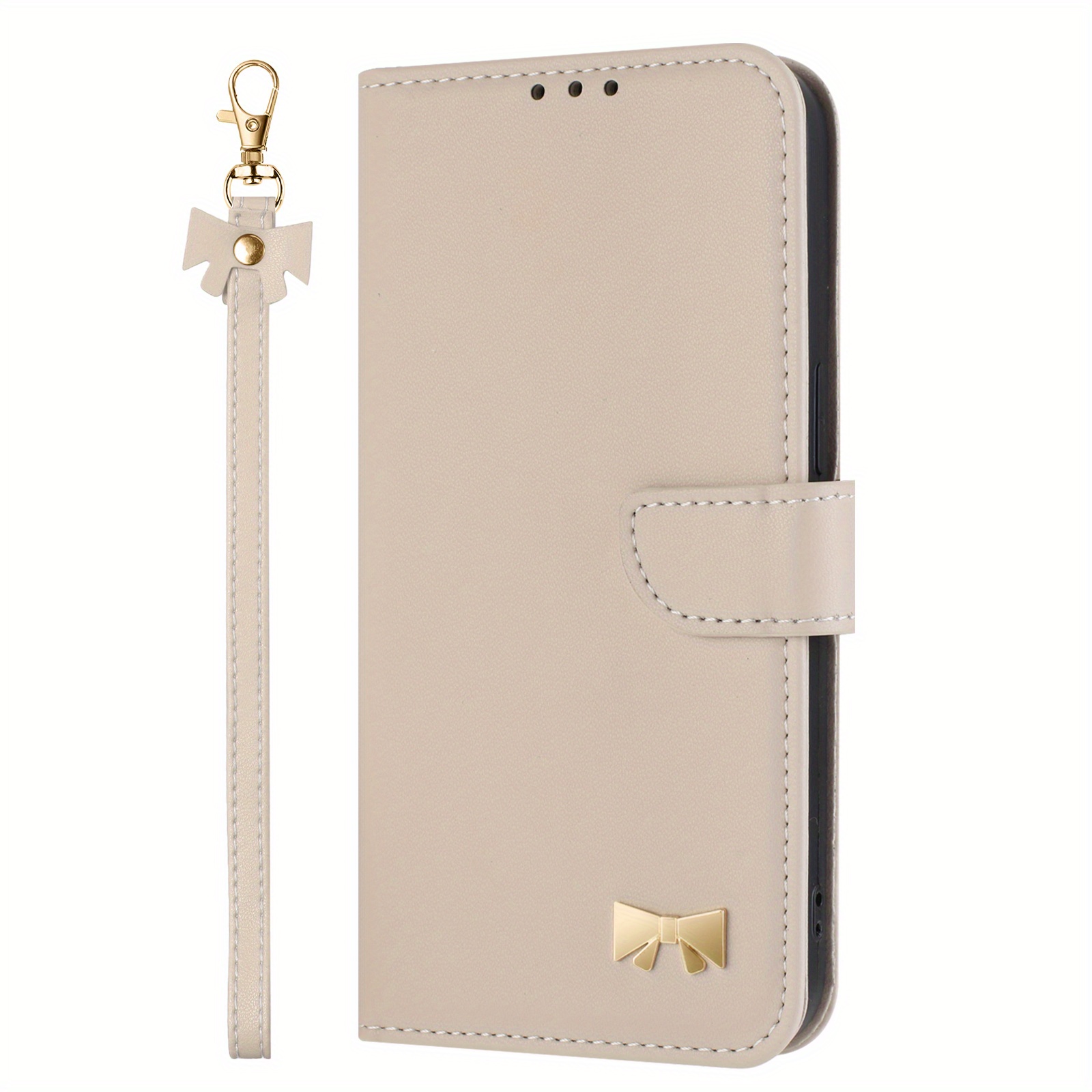 TEMU Peach-colored Hardware Bow Fashion New Multi-card Phone Case, Made Of Synthetic Leather, Simple And Elegant, With A Stand, Suitable For For