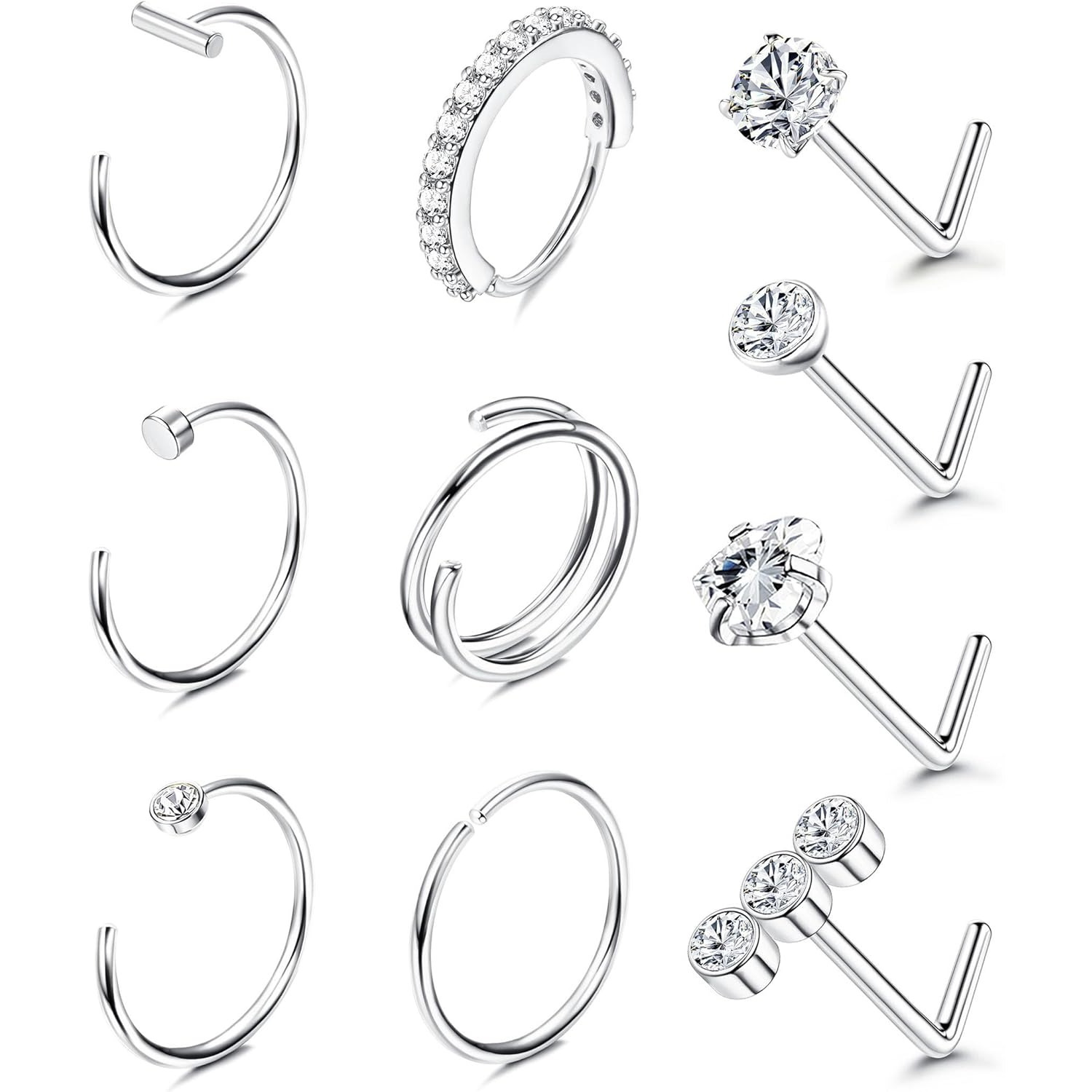 10pcs 14k Plated Nose Ring Studs 20g Nose Rings Hoops Stud 316l Stainless Steel Nose Rings Round Cz Heart Simulated L Shaped Nose Stud Hypoallergenic Nostril Piercing Jewelry For Women Men