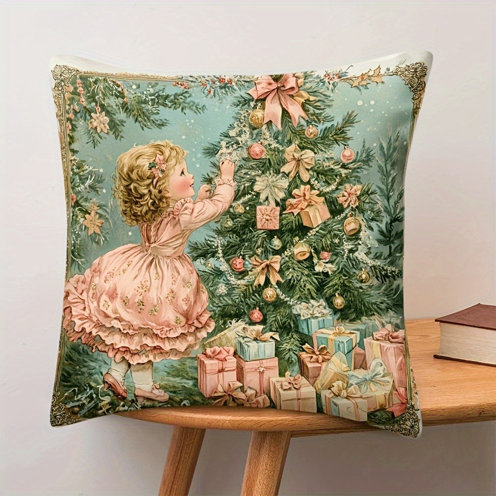 TEMU 1pc Vintage Christmas Tree And Girl Illustration Decorative Pillow Cover, Machine Washable, Zipper Closure, Fabric Decor For Home And Office,
