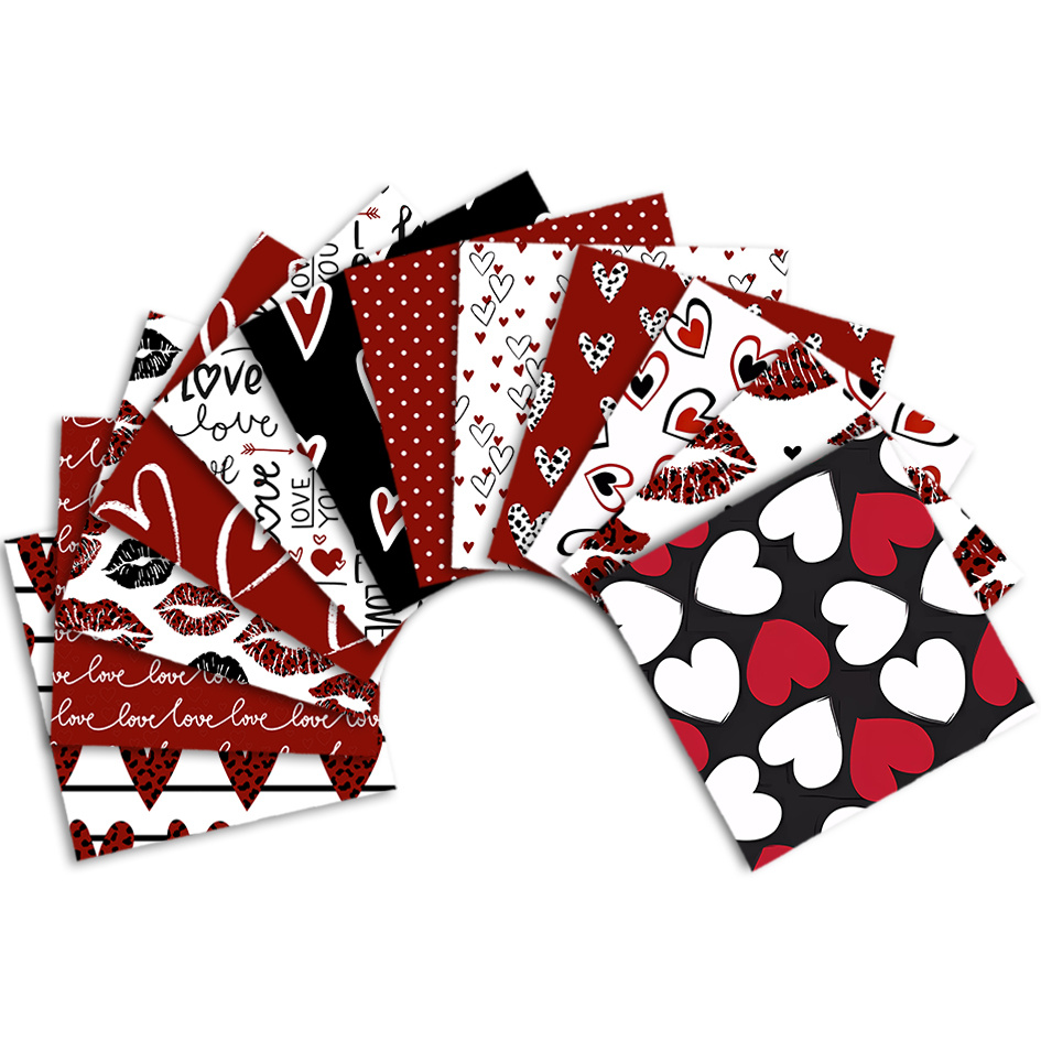 E-shop 12 Stück Romantische Herz Rot Lippen Druck Valentinstag Thema Rot Polka Dot Gestreift Dekor 12 Stück Gesamt Design Stile Fat Eighth Stoffbündel,