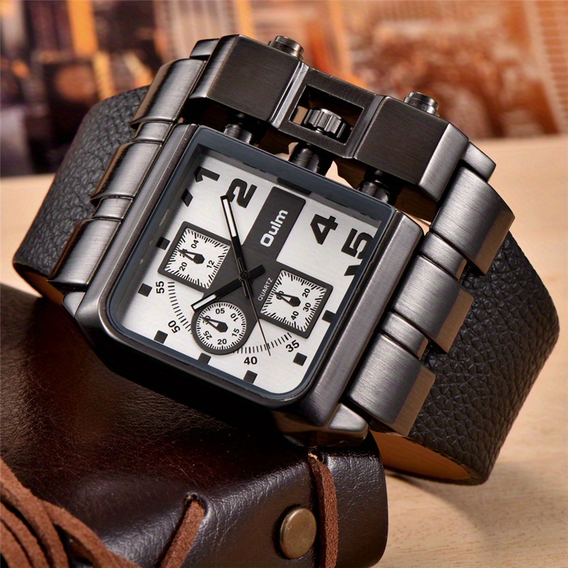   brand 3364   square men wristwatch wide big dial casual   leather strap watch male sport watches without battery details 4