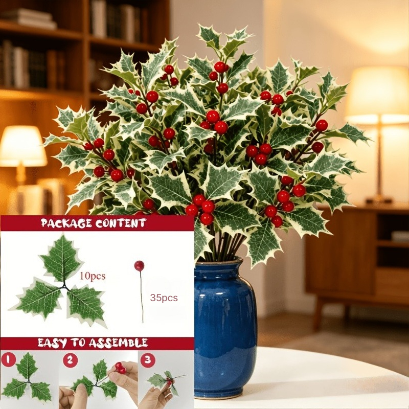 TEMU Juego de 45 piezas de hojas de con artificiales - 10 hojas y 35 - Flores artificiales/Follaje sintético/Flores de /Decoraciones navideñas de