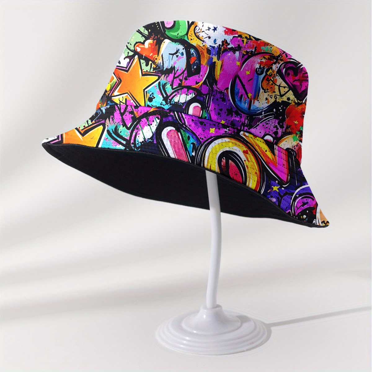 TEMU 1pc Of Printed Double-sided Bucket Hat, Featuring Universal Designs Of Hearts, Stars, And Graffiti. This Fashionable Summer Fishing Hat Is
