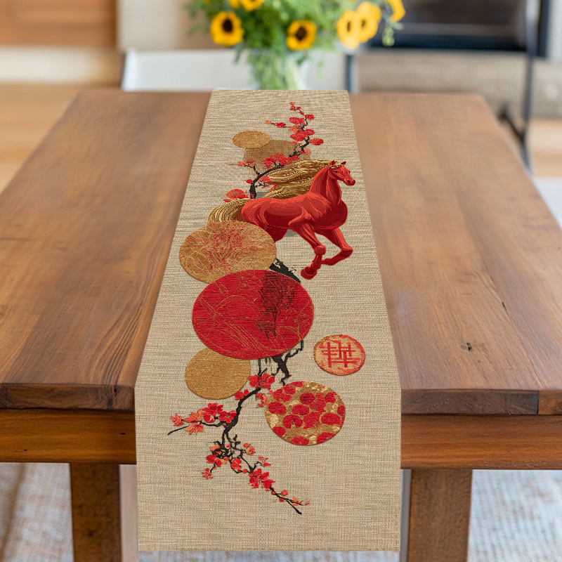 TEMU Chemin de table, nappe de table, motif cheval et fleur de prunier avec de style chinois, rouge et doré, pour le Nouvel An chinois, du Printemps,
