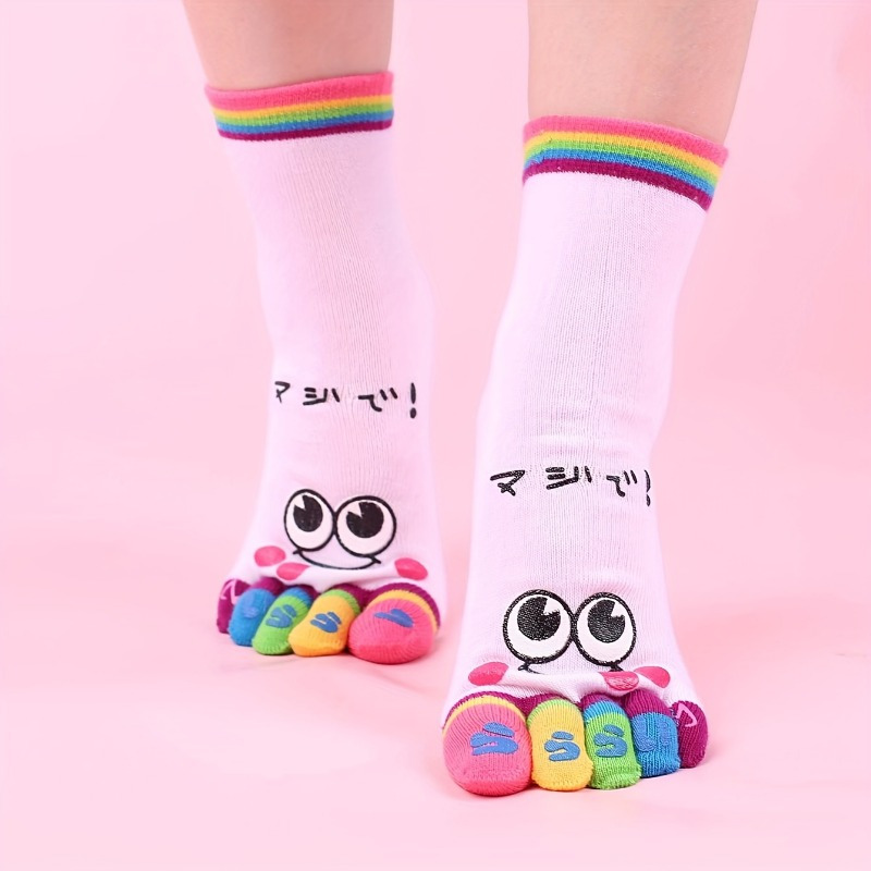 1 Pair Of Cartoon Print Toe Socks, Colorful Five-toe Sports Running Socks, Teenager's Polyester Knitted Fabric, Washable, Cute Socks, For Teenager, For Teenager