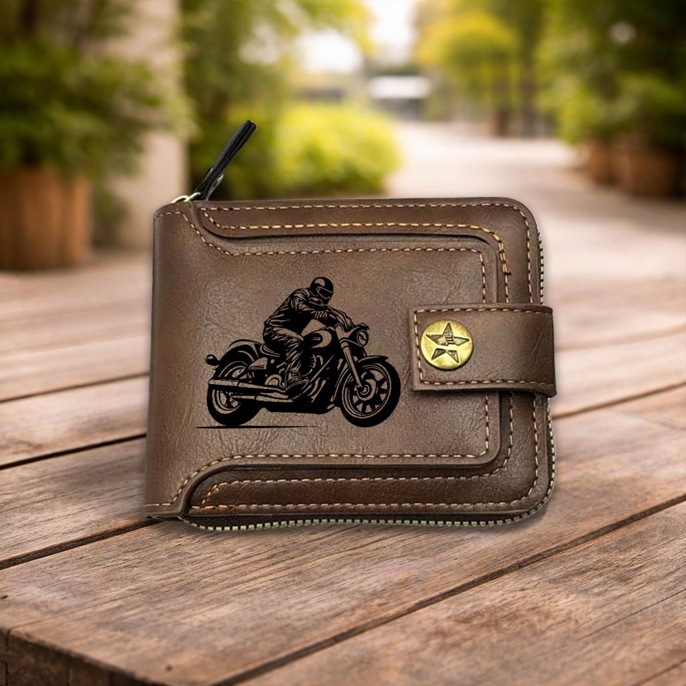 TEMU Motorcycle Rider Large Capacity Durable Retro Coin Purse With Multi-card Slots And Zipper Closure Design, Suitable For Storing Cash, Keys, Id