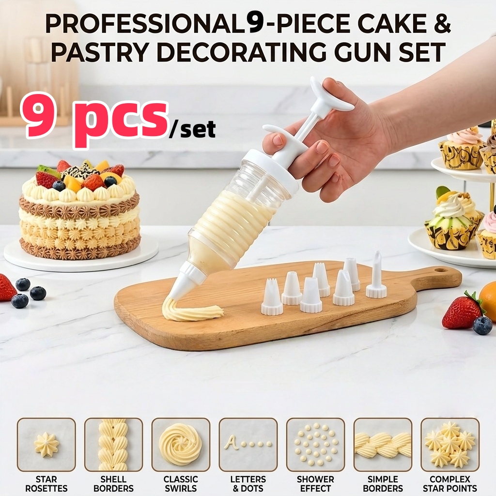 TEMU 9pcs/set Piping Tool Set, 1pc Extruder And 8pcs Nozzles - Heavy-duty Cream Piping Kit For Cake Decorating, And Gel/soap Piping - Compatible With