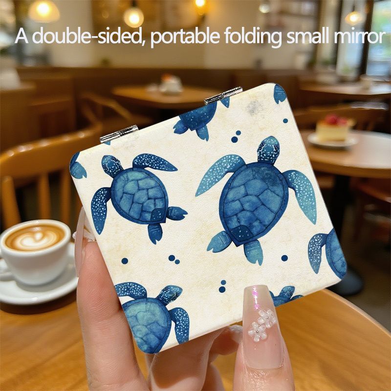 TEMU Compact Mirror With Turtle Print - A Double-sided Folding Makeup Mirror, Ideal For Travel, Pocket-sized, Square Shape, Adorable Design For Women