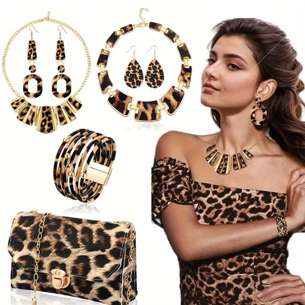 5 Pcs Acrylic Leopard Jewelry For Women Resin Boho Earrings Necklace Cheetah Bohemian Jewelry For Woman