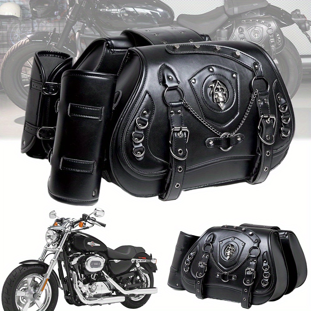 1 pair motorcycle rear side bags with cup holder punk style   bag large capacity black skull motorcycle hanging bag for harley motorcycle