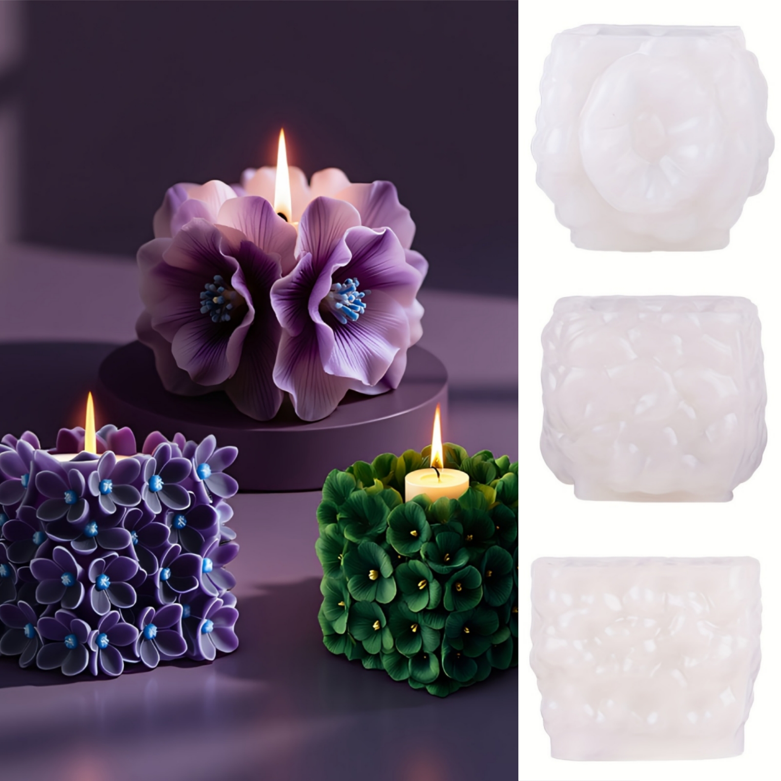 TEMU 3pcs Square Flower Candle Molds For Candle Making, Peony Hydrangea Design For Candle Crafting, Resin Pouring, Concrete And Soap Molds, Ideal For